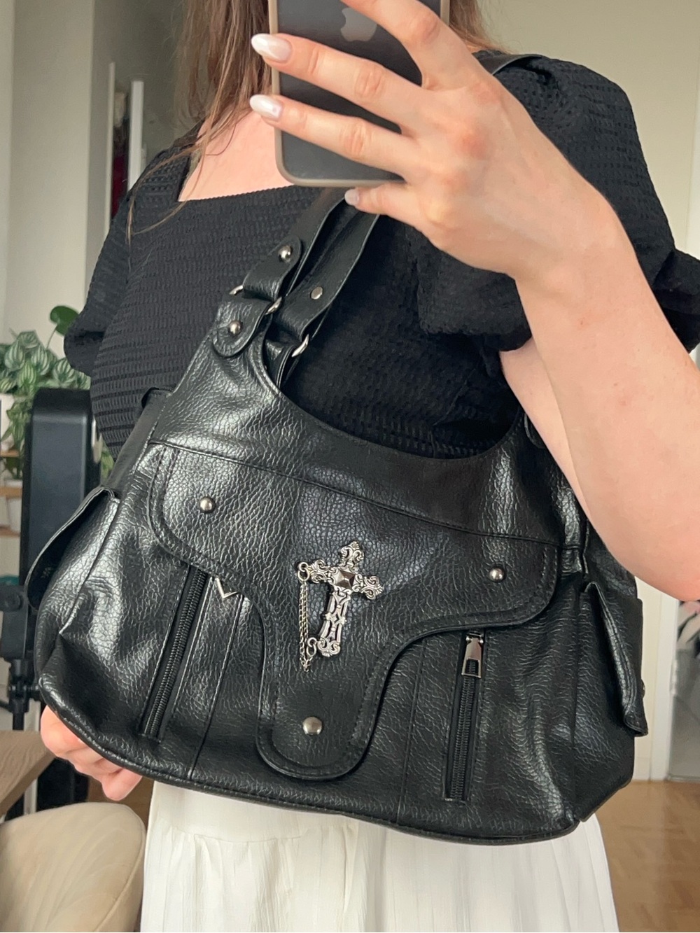 Black vegan Leather Cross-Accent Shoulder Bag